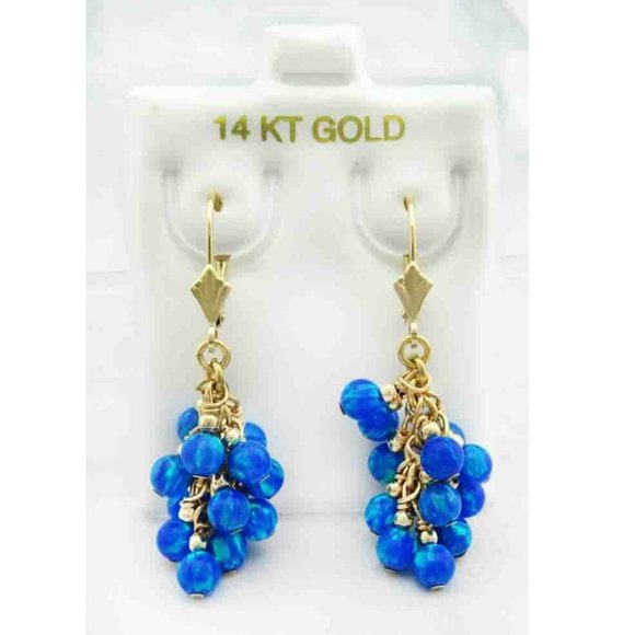 Genuine Blue Opals Dangling Earrings 14k Yellow Gold